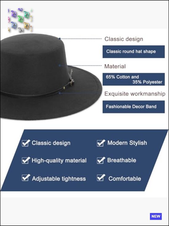 Classic Felt Fedora Hat Wide Brim Flat Top Jazz Panama Party Church Unisex main image 5
